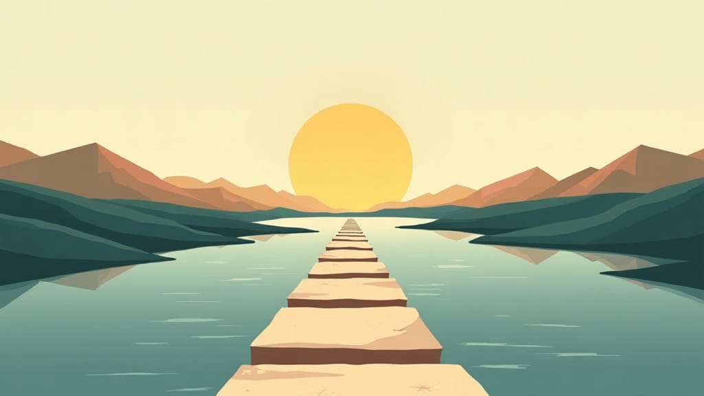 Editorial illustration: stepping stones across calm water toward a sunrise
