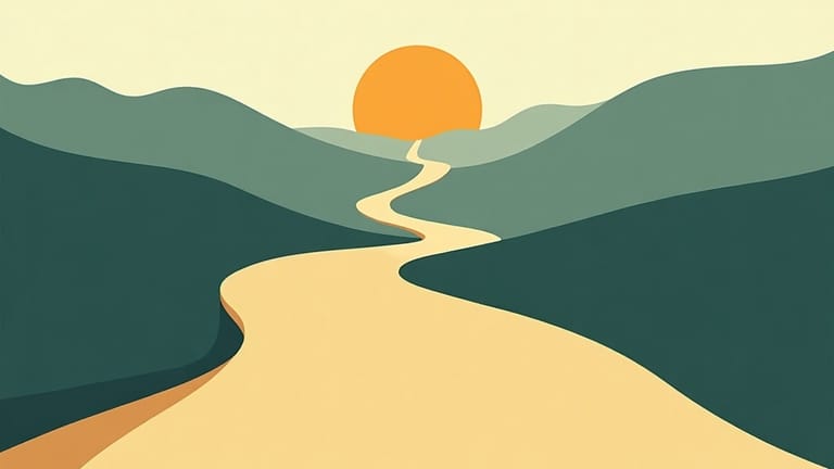 Editorial illustration: a winding path leading toward a sunrise over green hills